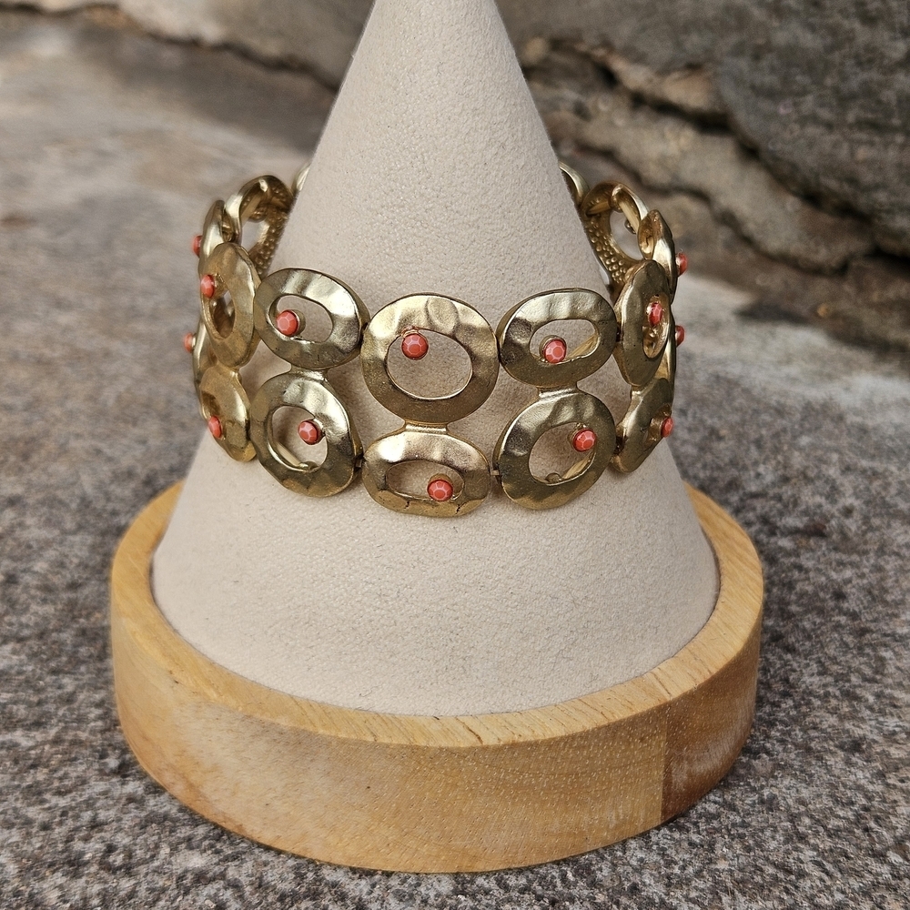 Gold and Coral Hammered Women's Bracelet Stretchy Jewelry